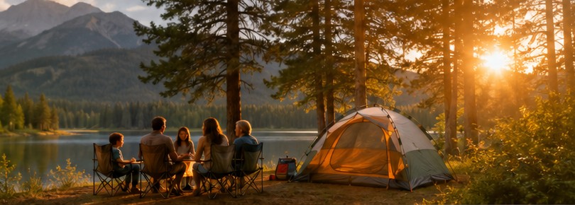 Family gathering beside a mountain lake