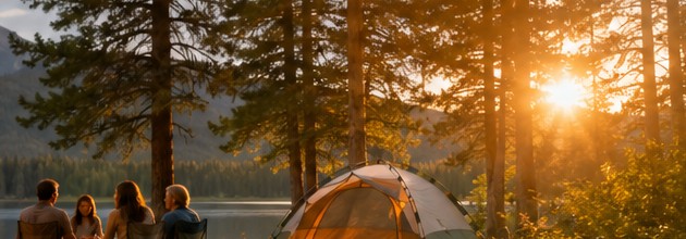 Sunset through pine trees near a family campsite